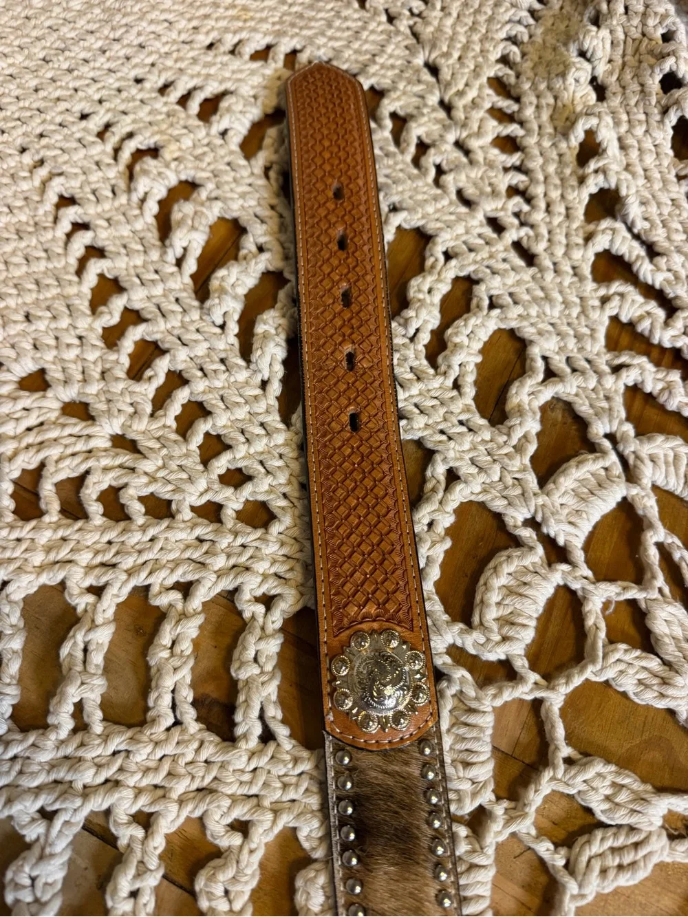 Ranger Belt Company Western Cowhide Hair On Hide Tooled Leather Belt 38